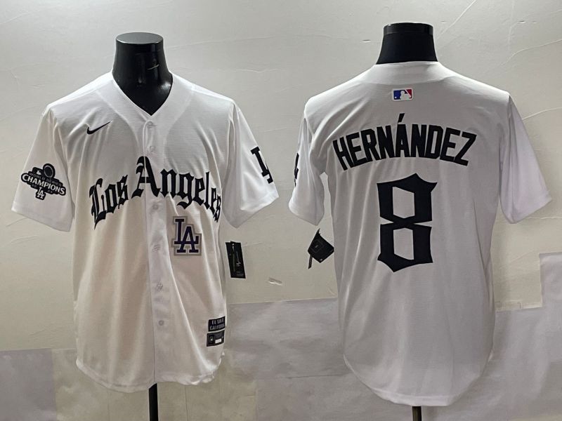 Men 2025 Los Angeles Dodgers #8 Hernandez White Five generations Joint Name Nike MLB Jersey style 51815